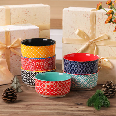 Colorful American-Style Ceramic Ramekins, Set Of 6 - Vibrant Geometric Stoneware Baking Dishes For Soufflé, Crème Brûlée, And Dipping Sauce
