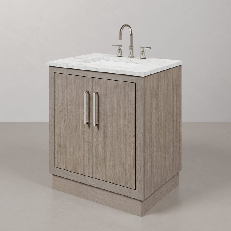 Hugo 30 In. Single Sink Carrara White Marble Countertop Vanity In Grey Oak With Gooseneck Faucet, Chrome