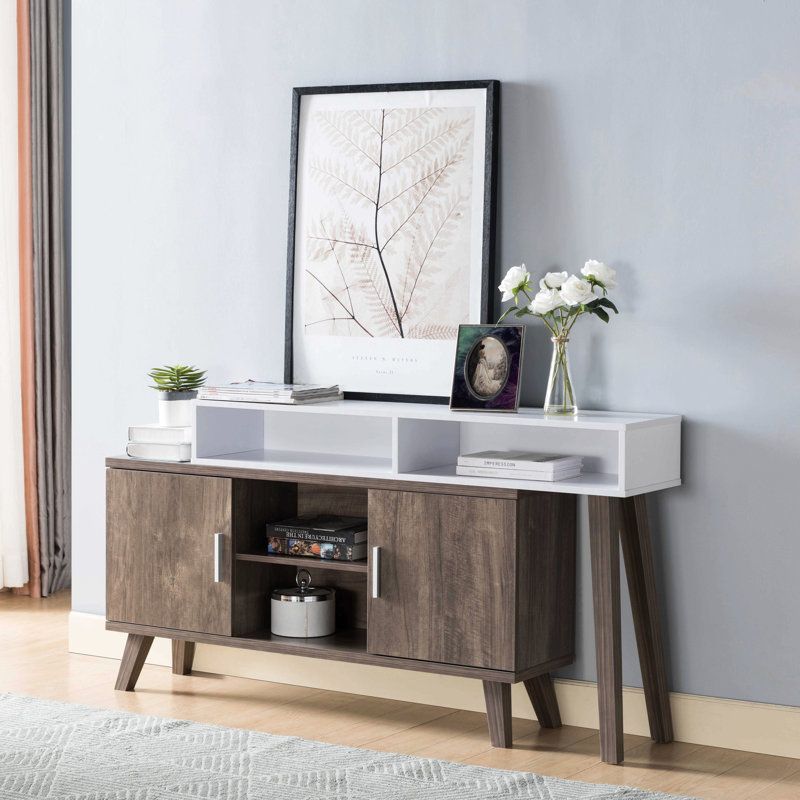 Home Entryway Console Table With Multi- Storage Compartments, Display Cabinet, Hazelnut &
