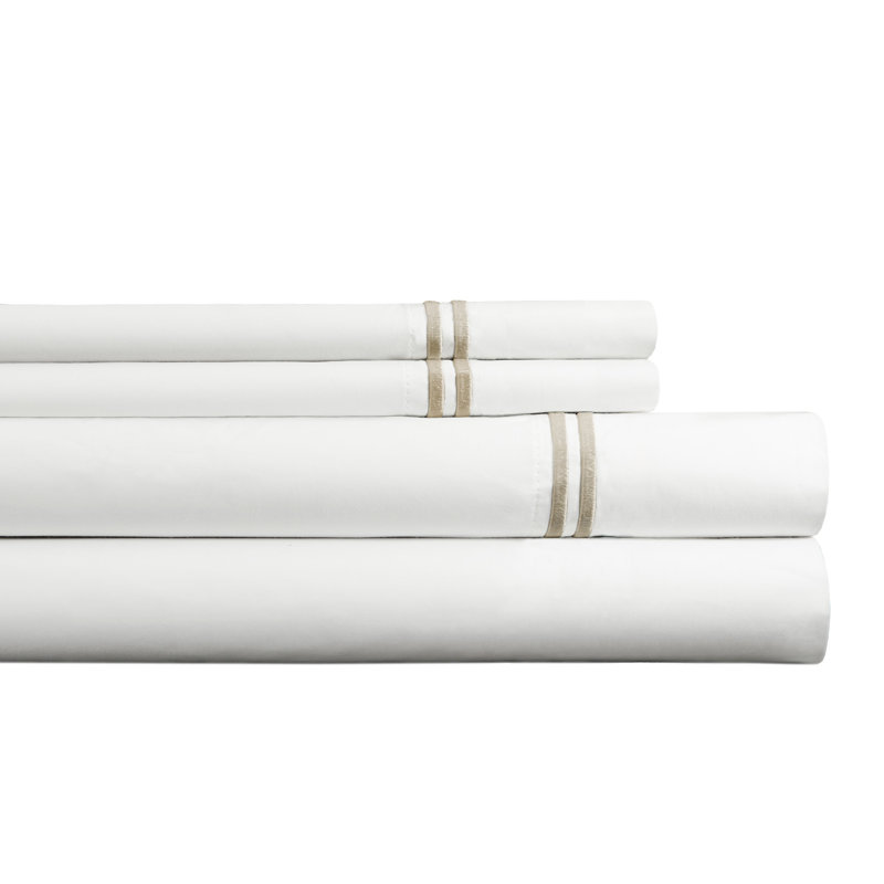 Pointehaven 300 TC Percale 100% Long Staple Cotton Double Satin Stitch Oversized Sheet Set, Queen Sheet Set, White/Taupe