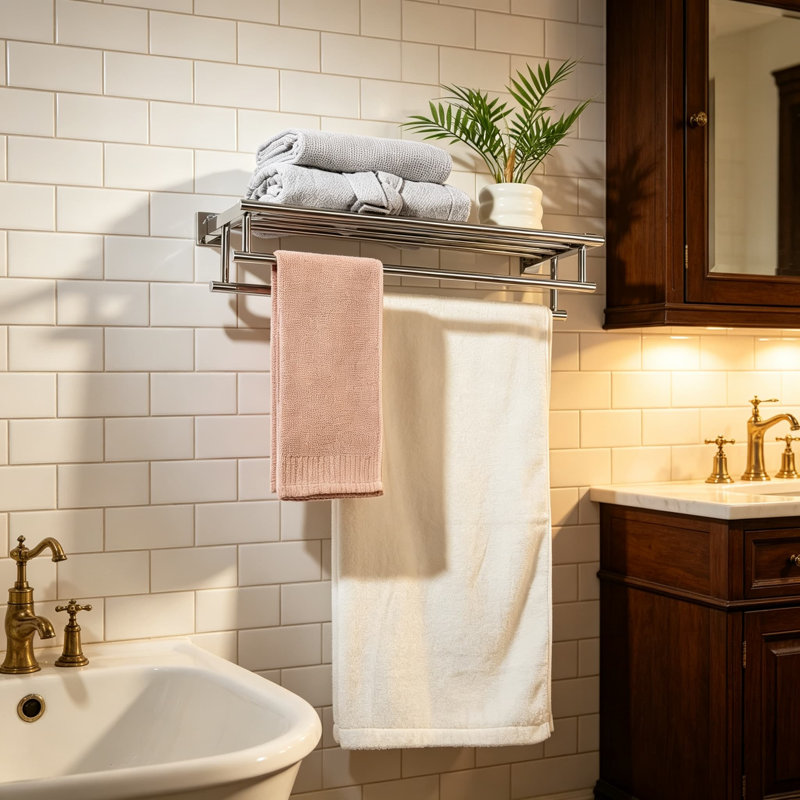 Stainless Steel Towel Rack with Double Bars and Shelf - Wall Mount Bathroom Towel Holder - Polished Chrome Finish - Durable and Rust-Resistant SUS 304 Construction