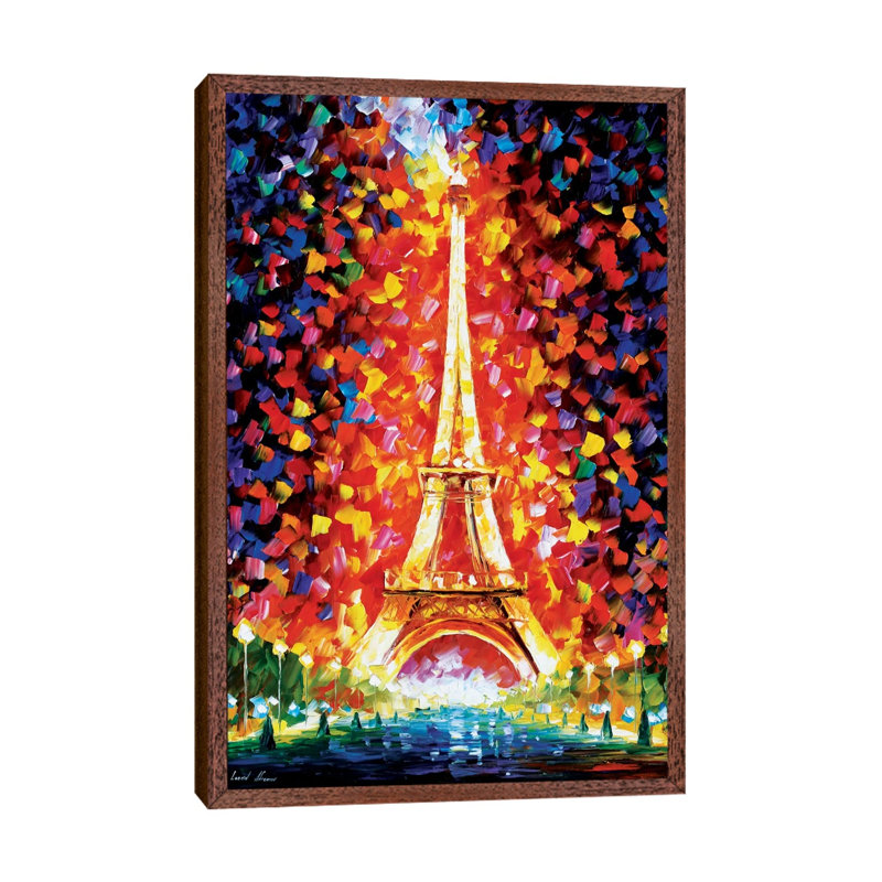 Paris - Eiffel Tower Lighted by Leonid Afremov - Painting on Canvas, Classic Brown Wood Framed Canvas