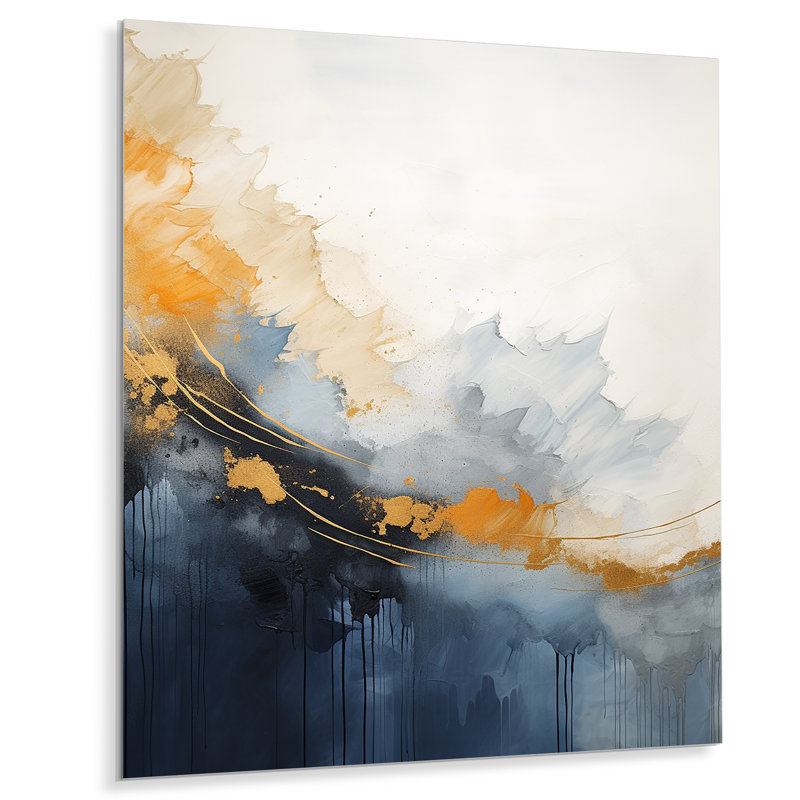 Tempête de marbre bleu et jaune V - art mural abstrait en métal, H 20 po x l 12 po x P 1 po