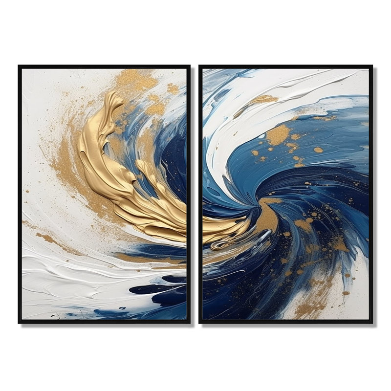 Décoration murale moderne bleu foncé et spirale dorée IV, Impression encadrée flottante, Black, 36" H x 48" W