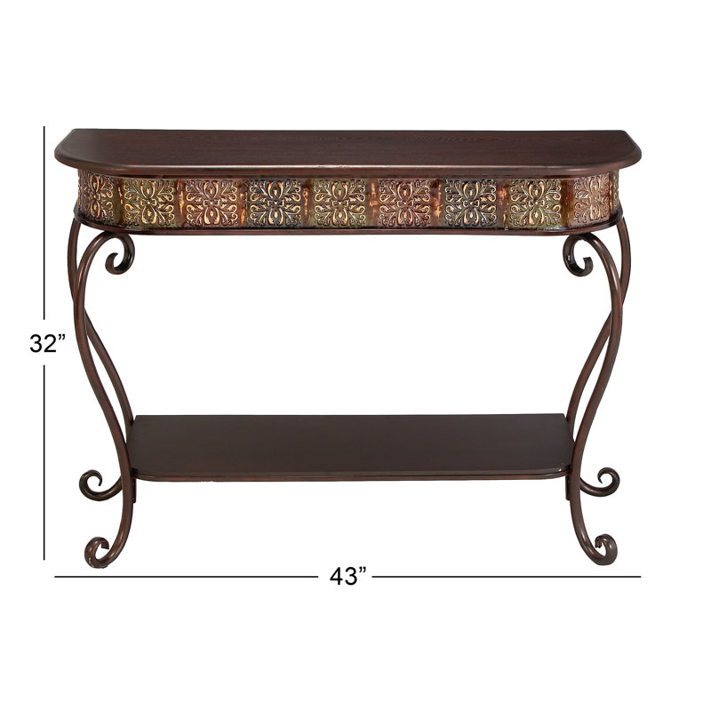 Metal Embossed 1 Shelf Floral Console Table with Ornate Scroll Legs