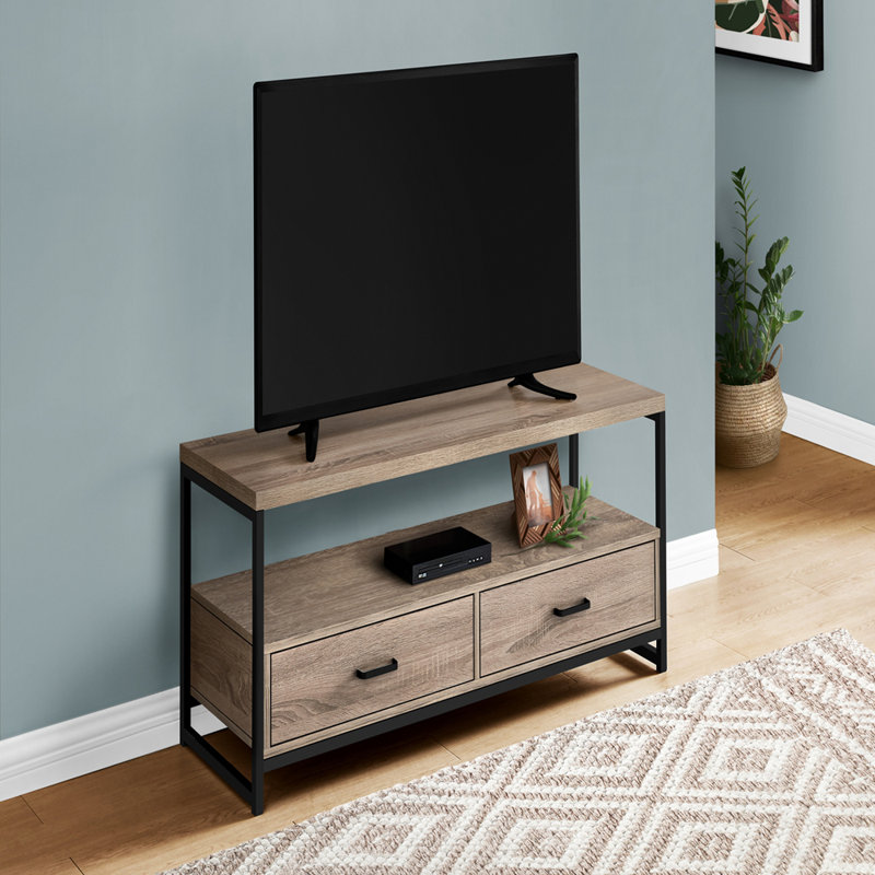 Meuble télé moderne en stratifié avec cadre en métal, tiroirs de rangement et tablettes ouvertes pour le salon ou la chambre à coucher