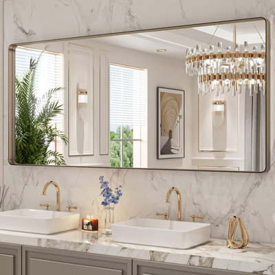 Miroir de salle de bain 72 po x 32 po pour meuble-lavabo en bronze, miroir rond en métal brossé à finition bronze brossé, antirouille, verre trempé, à suspendre horizontalement ou verticalement