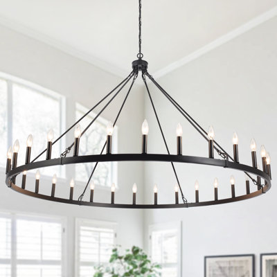 30-Light Black Large Round Farmhouse Candle Style Wagon Wheel Chandelier