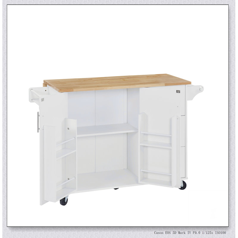 Îlot de cuisine avec comptoir à abattant, chariot d'îlot de cuisine, table d'îlot de cuisine avec porte de grange, Blanc