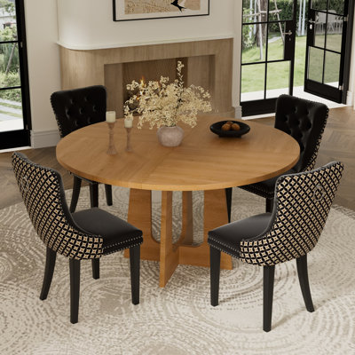 5 Pieces Modern Farmhouse Round Dining Set with Mid-century High-end Tufted Dining Chair Set for 4