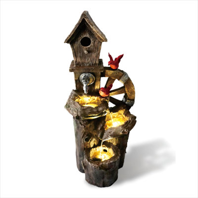 Decorative Garden Birdhouse Three Tier Water Fountain Outdoor with LED Lights and Water Wheel