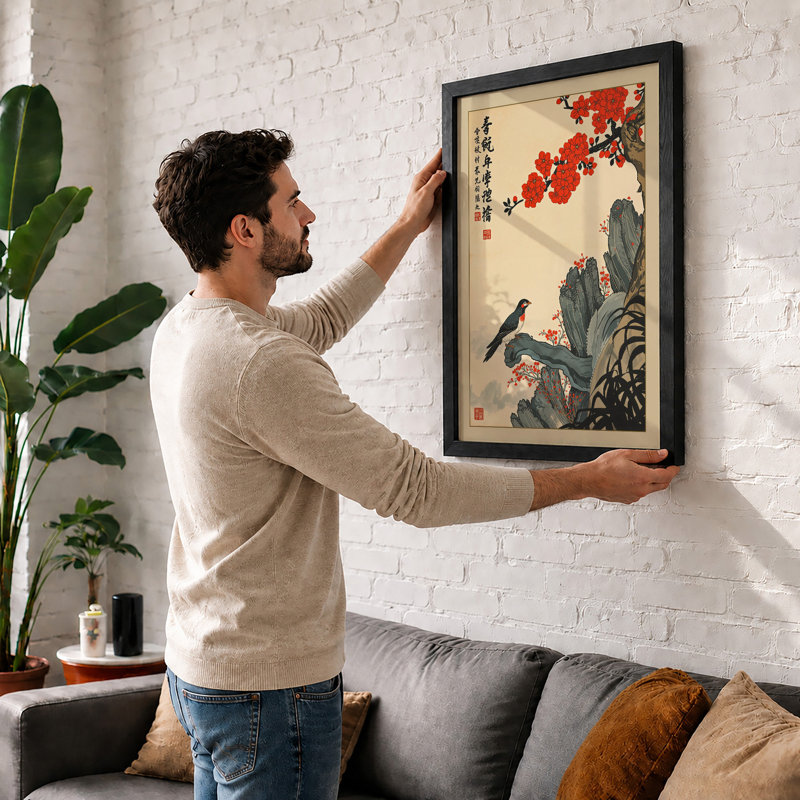 Bird Among Crimson Blossoms Japandi - Framed Print, Unframed, A2 - 59.4 x 42.0 cm
