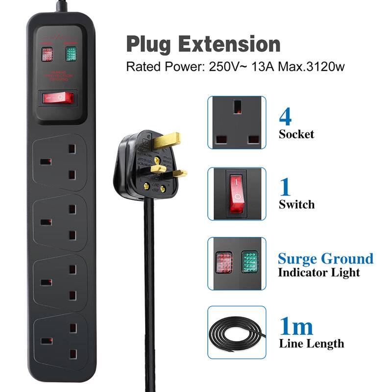 4-Socket Extension Lead Surge Protected with Switch - 1M