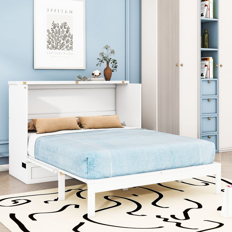 Carlysia Wooden Murphy Bed with Storage Drawers and Built-In Charging Station, Full / Double, White