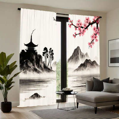 Rideau filtrant la lumière du paysage à 2 panneaux, motif de pagode Cherry Blossom Mountain, décoration intérieure, passe-tringle à suspendre, rideaux de fenêtre toutes saisons