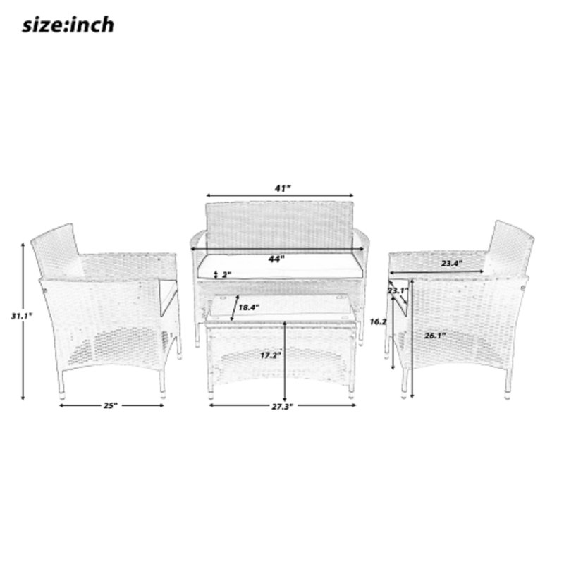 Ensemble de conversation en osier / rotin pour 4 personnes avec coussins