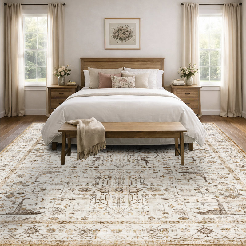 Machine Washable Vintage Oriental Area Rug Non-Slip Backing Beige/Brown Indoor Carpet for Living Room, Bedroom, Hallway Runner