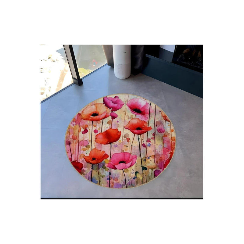 Woven Base Modern Decorative Carpet With Multicolored Poppy Flower Details, Round 5'