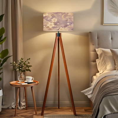  Lampe sur pied à trépied élégante lune florale pastel aux accents dorés mauves Lampe sur pied à DEL à intensité variable avec pieds en bois de hêtre et abat-jour en lin détachable pour salon et chambre à coucher