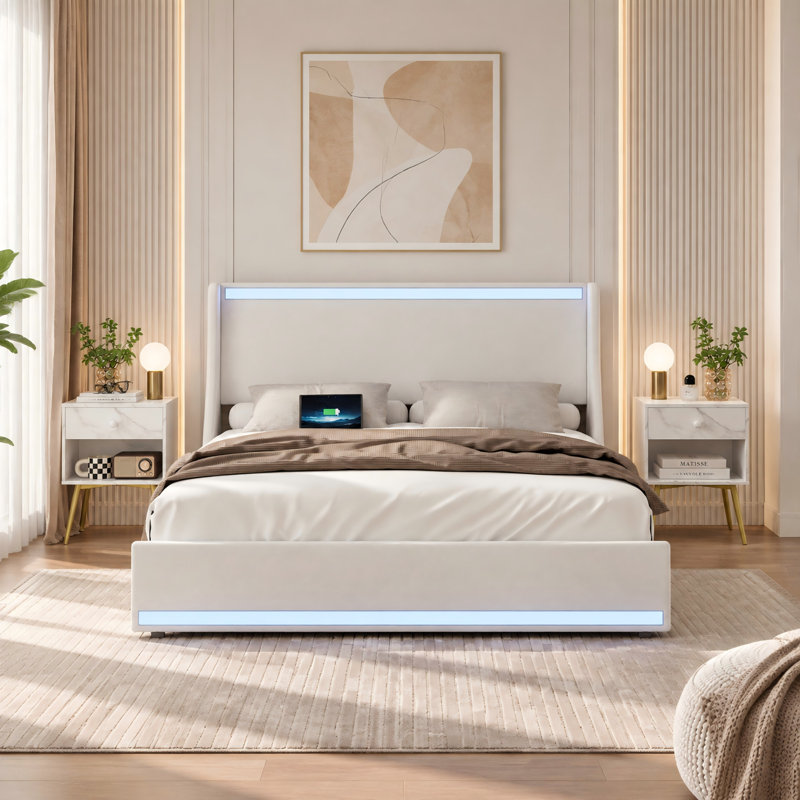 Ensemble de chambre à coucher 3 pièces blanc capitonné avec lit coffre à DEL RGBW, station de charge USB et Type-C, 2 tables de chevet imitation marbre avec tiroir et tablette ouverte