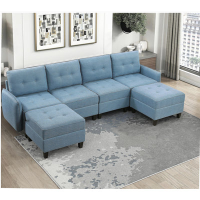 Living Room Furniture Corner Wedge Blue Tufted Solid Wood Modern Comfort 1pc Modular Piece Wedge Sofa Hidden Storage