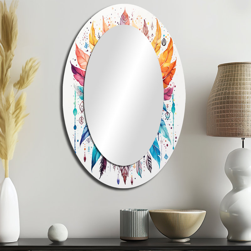 Orange And Blue Boho Dreamcatcher Watercolor - Blue Oval Wall Mirror Decor, 36" x 24"