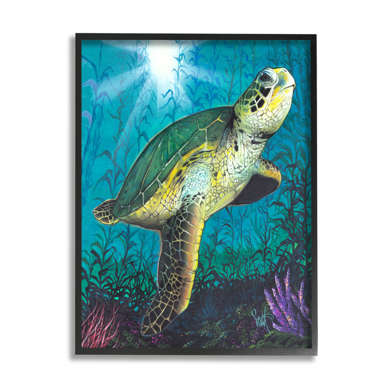 Tortue sous-marine récif encadré sur bois par Scott Westmoreland, peinture, Giclée encadrée noir minuit