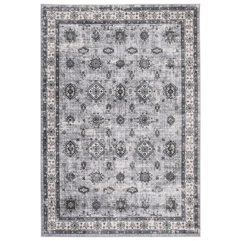 Washable Area Rug, Vintage Floral Printed Low Pile Non Slip Foldable Indoor Carpet, Stain Resistant, Grey Tone, 4'x6', Gray