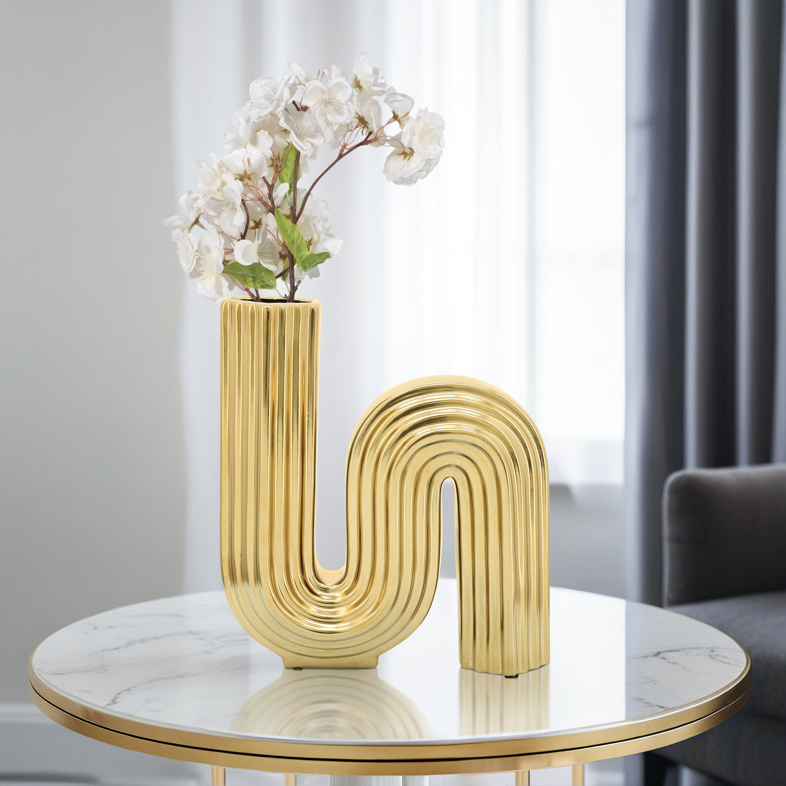 Sagebrook Home Hayons Ceramic Vase - Elegant Decor Accent for Home & Office, Gold