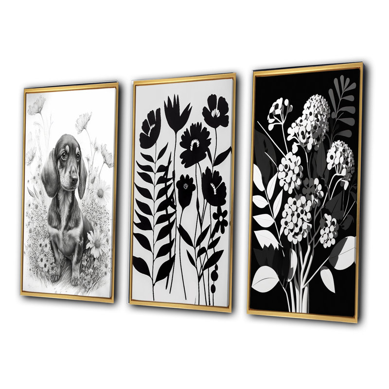"Teckel et fleurs graphiques blanches", 3 pièces sur toile, Or, H 40 po x l 60 po