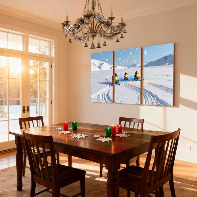 Ensemble de 3 impressions sur toile de Noël en motoneige sur un terrain enneigé avec flocons de neige, H 30 po x l 60 po