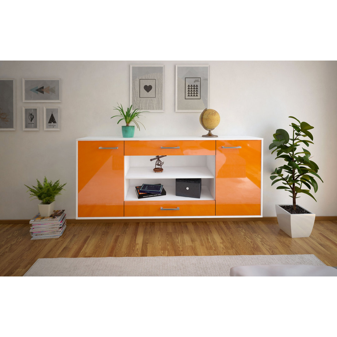 Das Sideboard Mussab hat Metallgriffe. Es hat die Maße 180 cm x 79 cm x 35 cm.