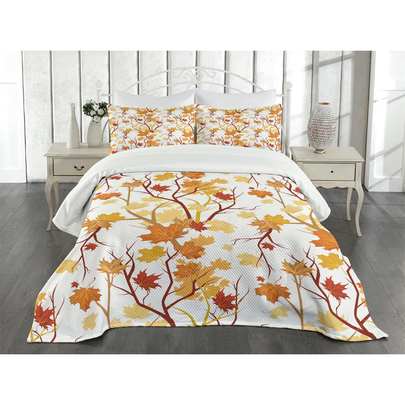 King Size White Quilted Bedspread Set with Autumn Leaves