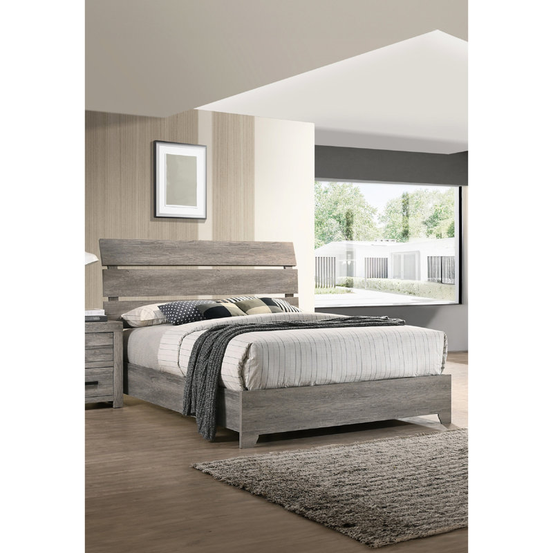 Grand lit moderne avec finition grise patinée rustique et tête de lit courbée, article de décoration de chambre à coucher, cadre en bois, aspect transitionnel, aucun sommier tapissier requis, cadre contemporain facile à assembler