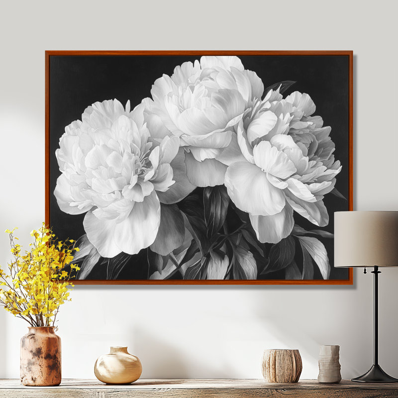 Pivoines en blanc et noir - pivoines, art mural, H 12 po x l 20 po, Impression dans un cadre flottant sans passe-parto, Brun