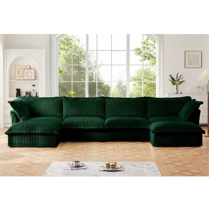 Canapé, repose-pieds en chenille, 4, H 34,6 po x l 156,6 po x P 33 po, Velours côtelé vert