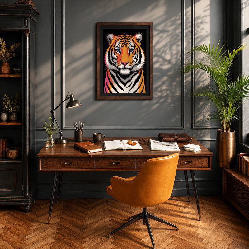 Tiger's Intense Gaze Modern - Framed Print, A2 - 59.4 x 42.0 cm, Walnut