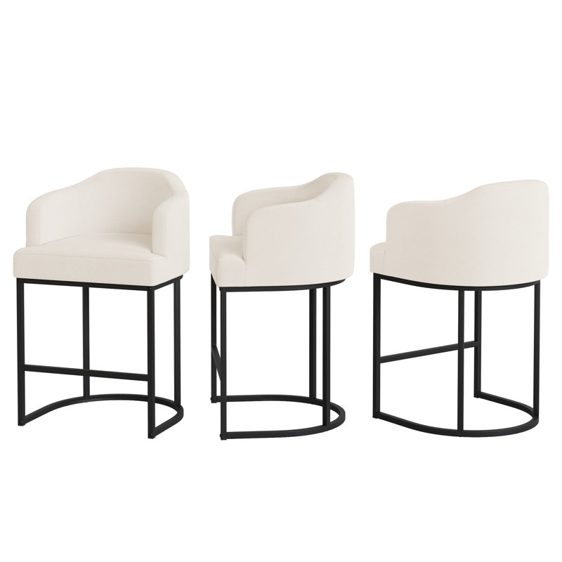 Ensemble de 3 tabourets de bar à hauteur de comptoir de 27 po, tabourets de comptoir modernes avec dossier incurvé et accoudoirs, cadres en métal noir, tabourets de bar rembourrés en tissu de lin pour îlot de cuisine, bar pour la maison