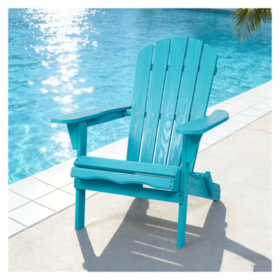 Turquoise Blue Solid Wood Folding Adirondack Chair with Embossed Wood Grain - Outdoor Patio Lounge Chair for Garden, Weather-Resistant Hemlock Wood