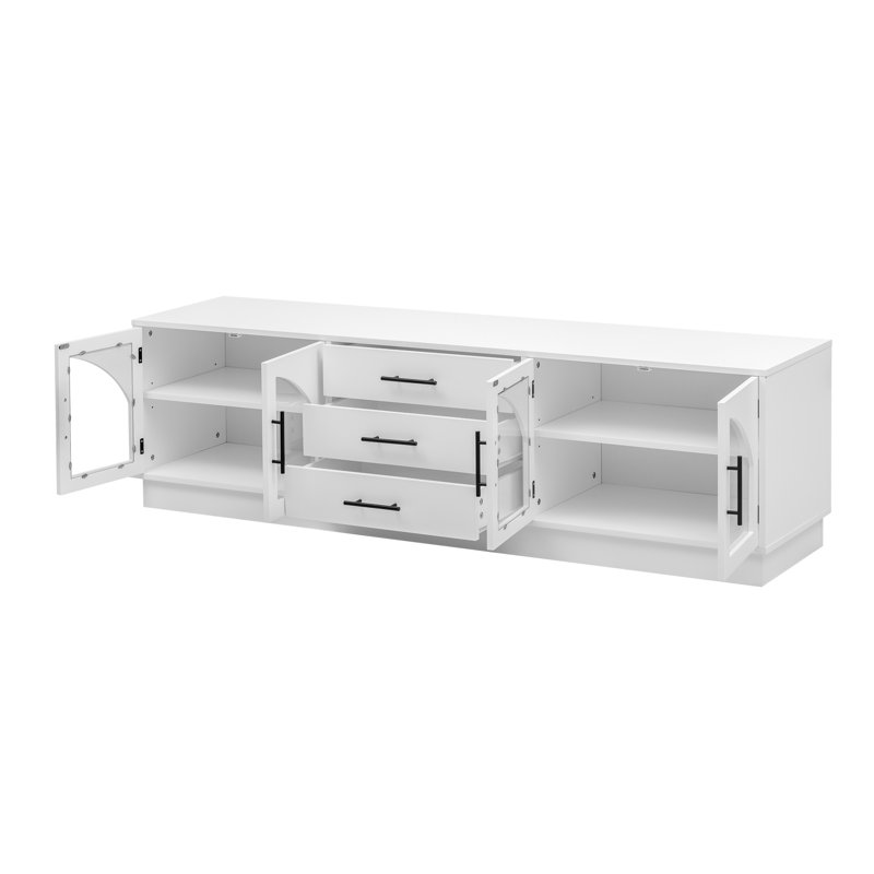  Meuble télé moderne et minimaliste pour téléviseur de 75 po ou moins, console de divertissement avec tablettes réglables, blanc