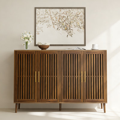 63 inch Walnut Sideboard Buffet Cabinet With Storage ,Grille-Striped 4 Doors Sideboard,Multifunctional Accent Cabinet for Dining Room,Living Room,Entr by George Oliver