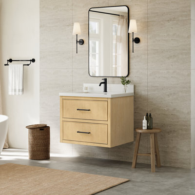 Isola WM 30 Inch Single Wall Mounted Bathroom Vanity in Scandinavian Oak, Giotto Quartz Countertop, Undermount Square Sink (1-Hole), Matte Black Trim