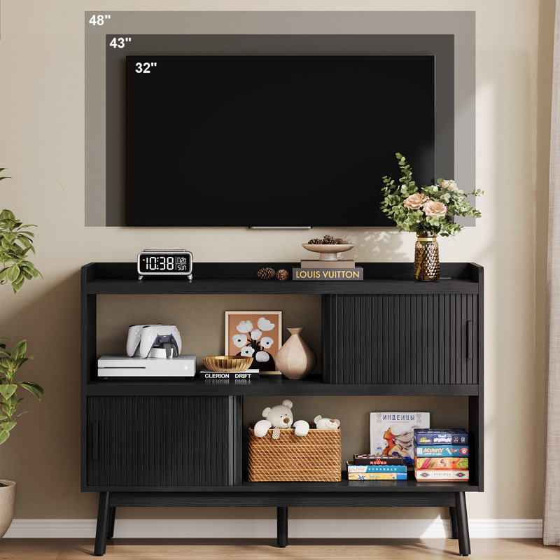 51.2"  W TV Stand with Outlet & Cabinets & Open Shelves, Black
