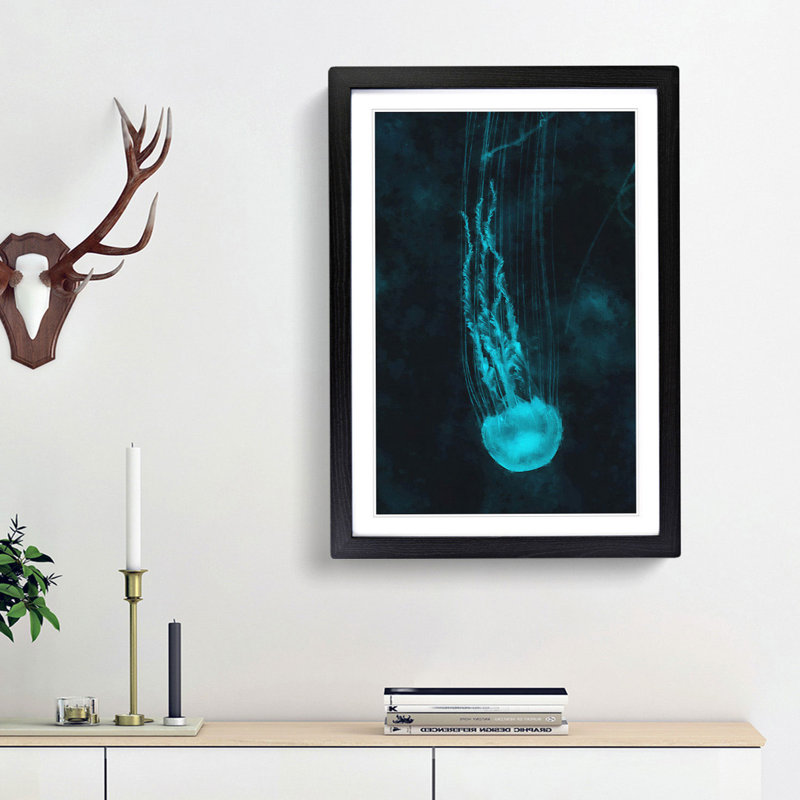 Neon Blue Jellyfish Abstract - Picture Frame Graphic Art Print, Black Framed, 87cm H x 62cm W x 2cm D
