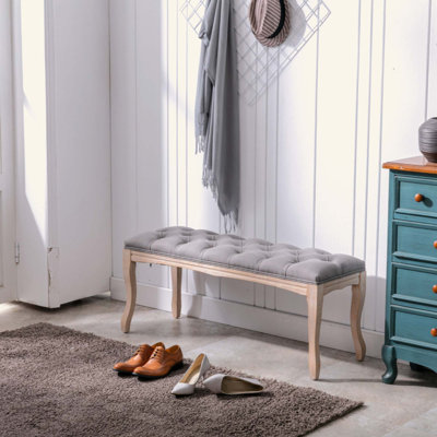 Banc de chambre à coucher, banc d'entrée touffeté de style français rétro, banc de bout de lit tapissier sculpté avec pieds en bois vieilli, repose-pieds en lin pour le salon, le vestibule, la salle à manger