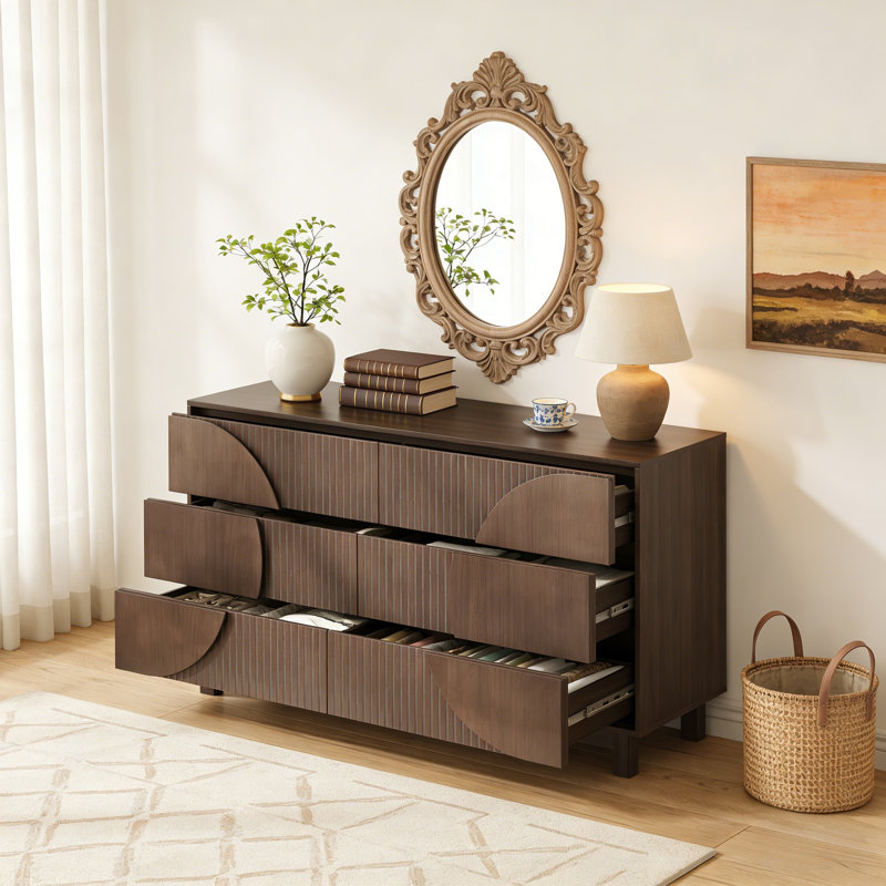 6 Drawer Fluted Dresser 60" Wide - Solid Wood Leg TV Stand, 6 Deep Drawer Storage Cabinet for Bedroom, Living Room & Entryway