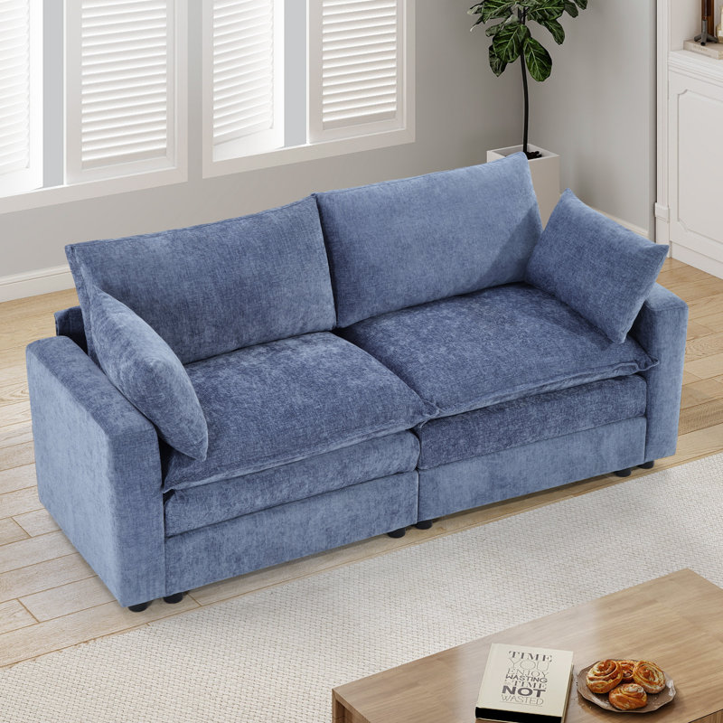 Canapé en chenille de 80,2 po de largeur avec accoudoirs carrés, Bleu