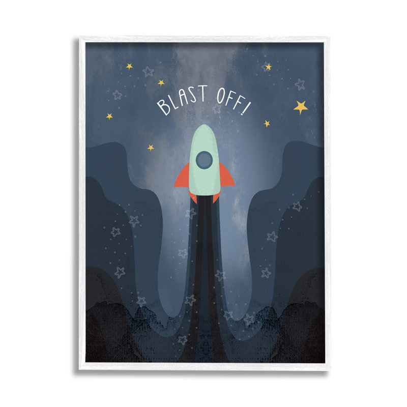 «Blast Off», fusée bleue rétro avec étoiles, ferme surdimensionnée rustique surdimensionnée, estampe numérique, art texturé par Daphne Polselli