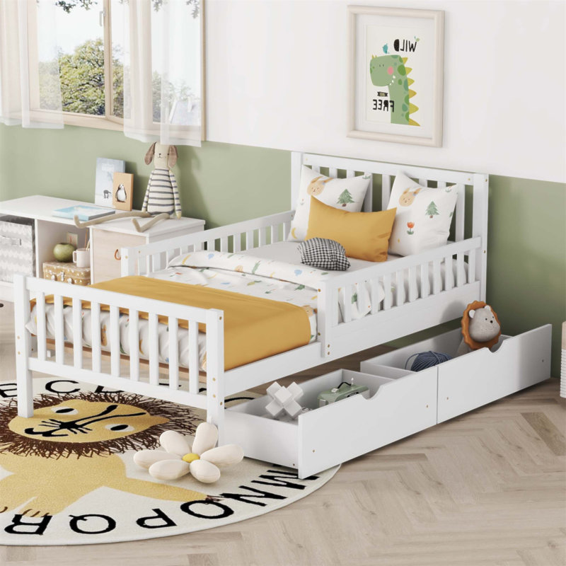 Lit plateforme simple en bois avec garde-corps et deux tiroirs de rangement spacieux pour plus de sécurité et d'organisation