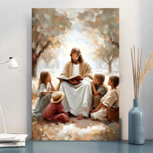 1 pièce toile 24 x 36 pouces grand art mural Jésus avec des enfants, lecture de la Bible, peinture à l'huile de style mural, décoration murale encadrée pour la maison, salon, chambre à coucher